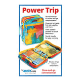 A colorful tie-dye patterned travel organizer bag shown closed and open, displaying multiple zippered compartments and elastic straps for organizing small items and electronics.