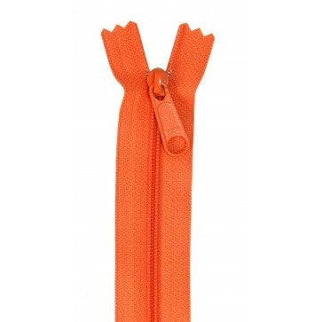 Orange 24-inch zipper with matching pull tab, displayed vertically against white background.
