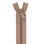 Brown 24-inch zipper with matching pull tab, shown fully closed against white background.