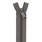 A gray zipper with matching fabric tape and pull tab, shown partially open against a white background.