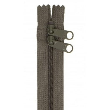 Gray 30-inch zipper with double pull tabs and brown-gray fabric tape.