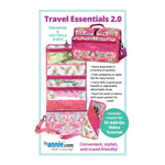Pink and teal travel organizer with floral hummingbird pattern, shown both closed and opened to display multiple clear pockets for storing travel essentials.