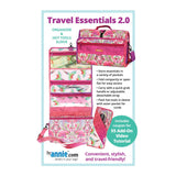 Pink and teal travel organizer with floral hummingbird pattern, shown both closed and opened to display multiple clear pockets for storing travel essentials.