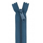 Blue 24-inch zipper with matching pull tab, shown partially open against white background.