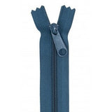 Blue 24-inch zipper with matching pull tab, shown partially open against white background.