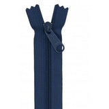 Navy blue 24-inch zipper with matching pull tab, shown partially open against white background.
