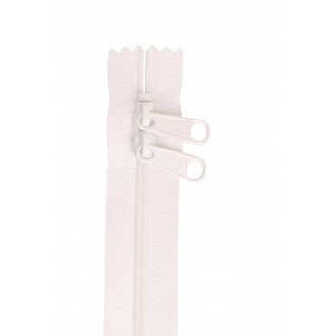 White 30-inch zipper with dual pull tabs and fabric tape backing.