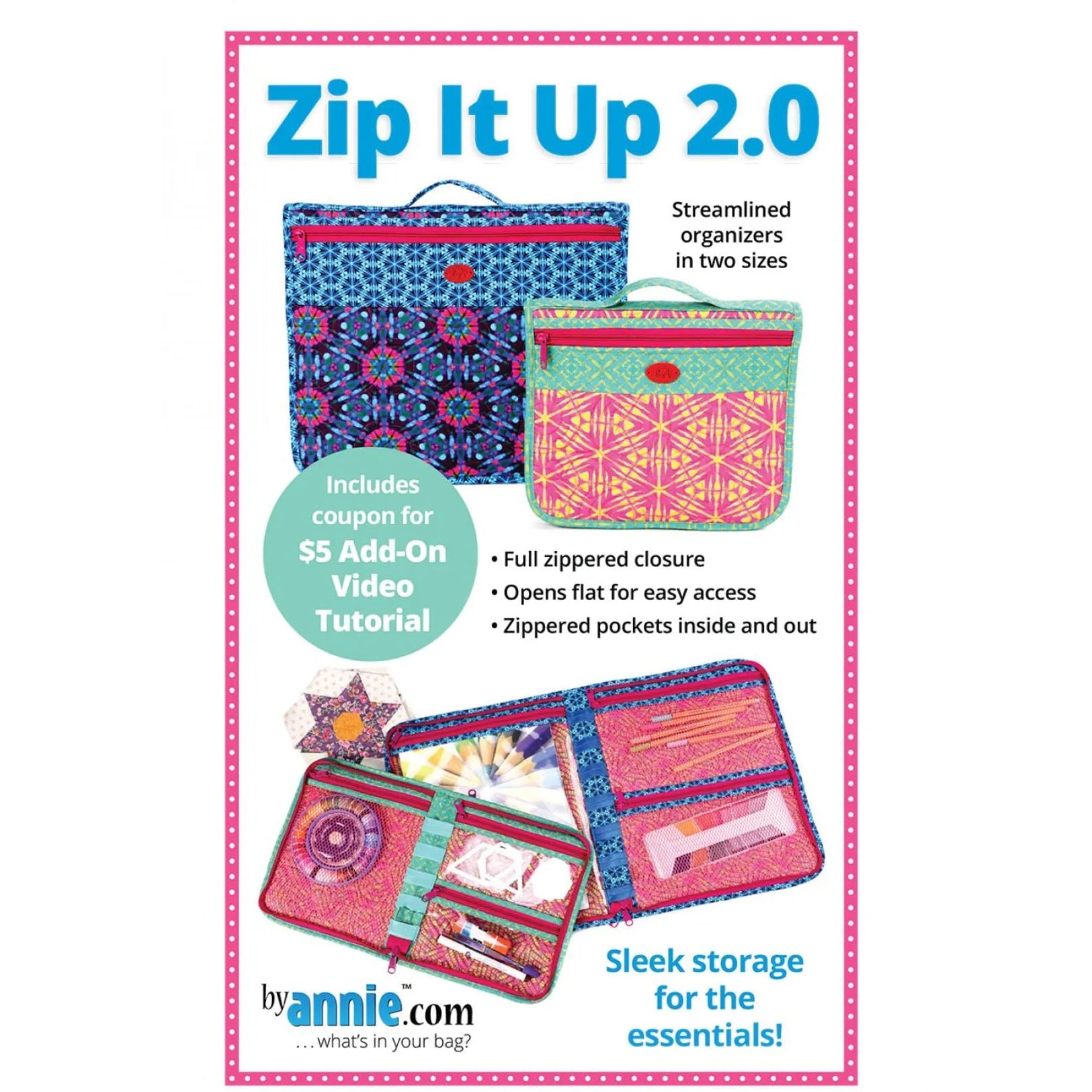 Colorful fabric organizers in two sizes with geometric patterns in blue, pink, and teal, featuring multiple zippered compartments and pockets.