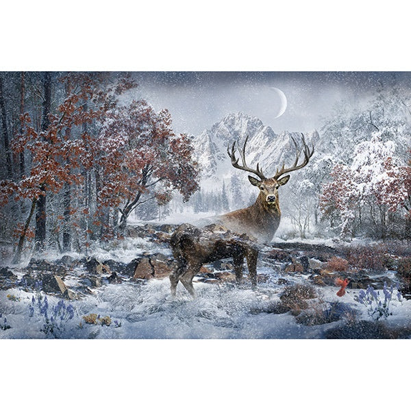 Winter landscape fabric panel featuring a majestic deer with antlers standing in snowy forest scene with mountains and crescent moon in background.