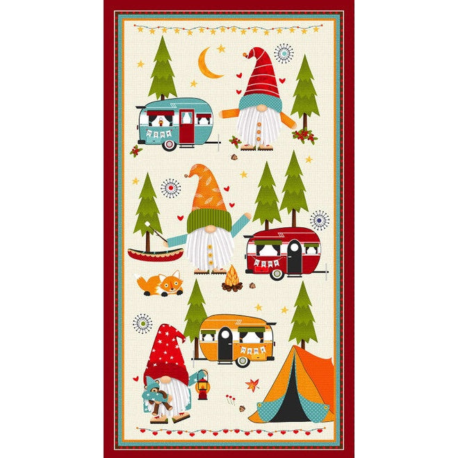 Festive camping-themed fabric panel featuring colorful gnomes, vintage trailers, pine trees, and outdoor elements on cream background with red border.