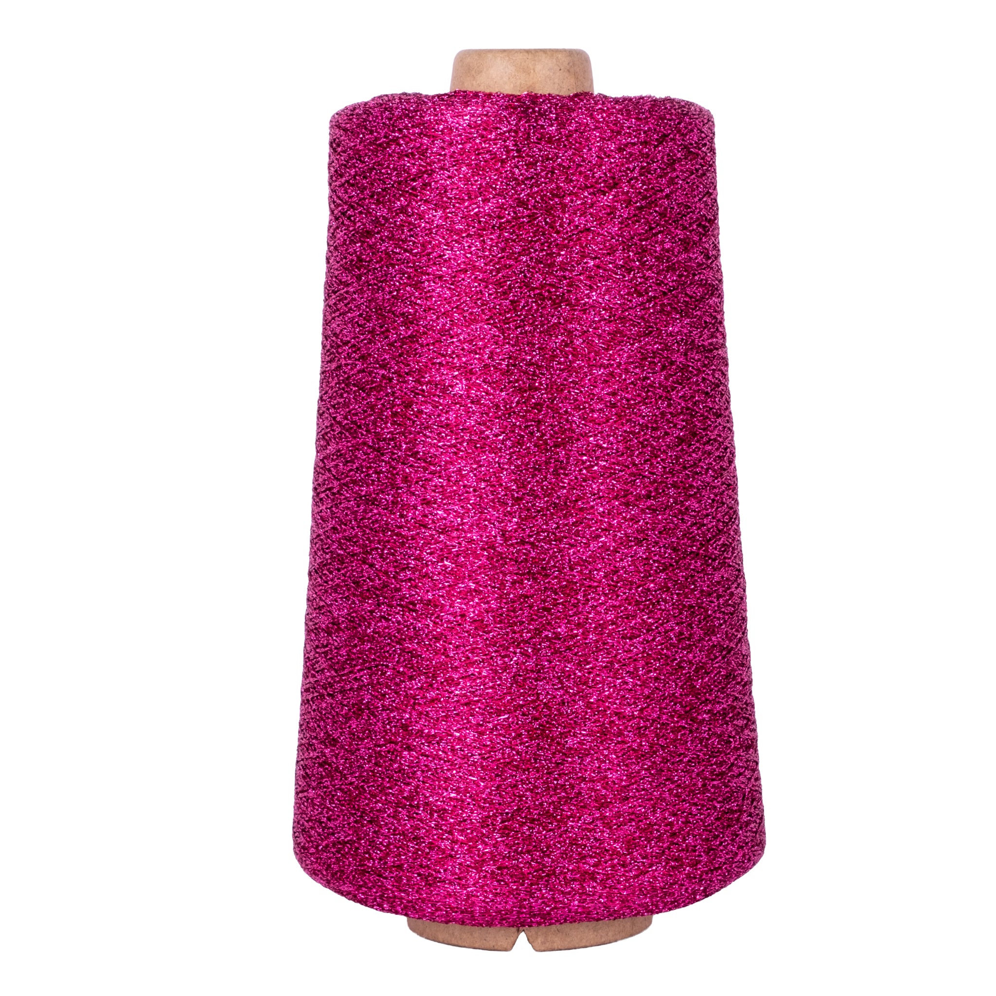 Spool of pink yarn on a white background