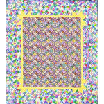 Colorful patchwork quilt with intricate circular medallion center surrounded by yellow border and vibrant geometric diamond pattern outer border.