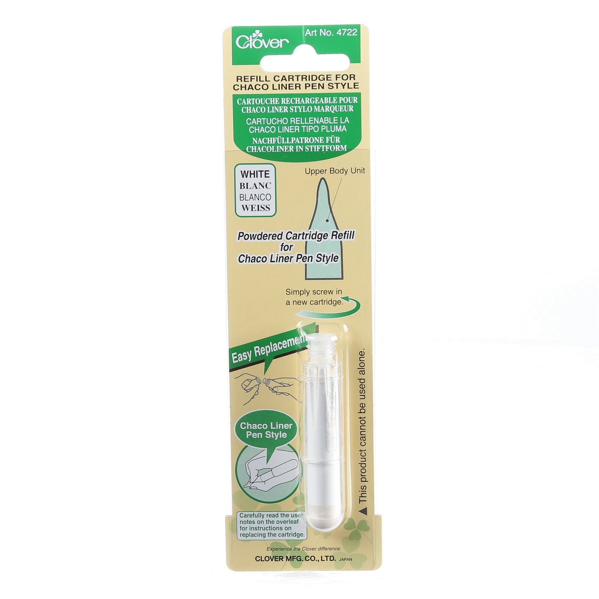 White chalk refill cartridge for Chaco Liner pen in clear plastic packaging with green and beige labeling.