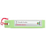Green fabric needle case with red ribbon tie and white label showing "24 Chenille Needles" by Hiroshima Needles.
