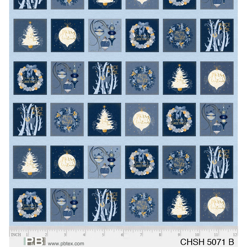 Blue Christmas-themed fabric panel featuring repeating squares with white trees, wreaths, ornaments, and holiday greetings in coordinating blue and gold tones.