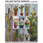 Colorful fabric collage quilt pattern featuring various cactus and succulent designs made from patterned fabrics in greens, pinks, and earth tones.