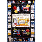 A colorful quilt featuring vintage sewing machine motifs with text panels reading "Common Threads," "Sew Good," "Neat as a Pin," and "A Stitch in Time.