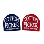 Two dome-shaped cotton picker tools in navy blue and burgundy red with white "COTTON PICKER strings attached" text.