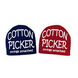 Two dome-shaped cotton picker tools in navy blue and burgundy red with white "COTTON PICKER strings attached" text.