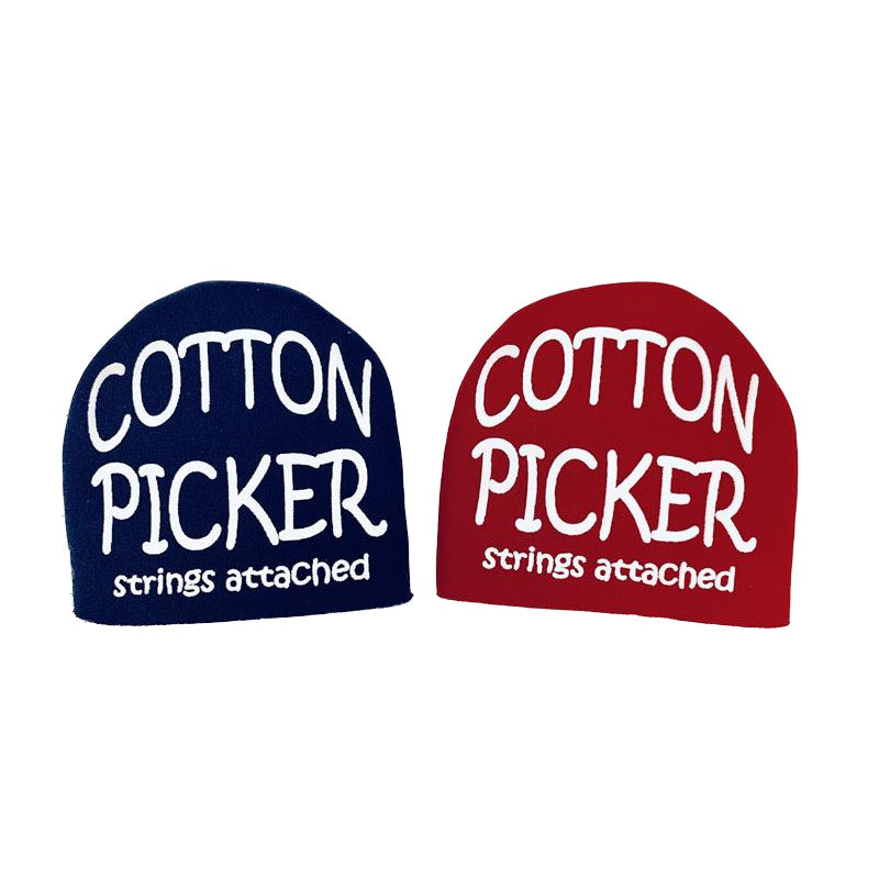 Two dome-shaped cotton picker tools in navy blue and burgundy red with white "COTTON PICKER strings attached" text.
