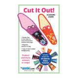 Sewing pattern for colorful fabric scissors cases in two sizes, featuring various bright patterns including florals and geometric designs.