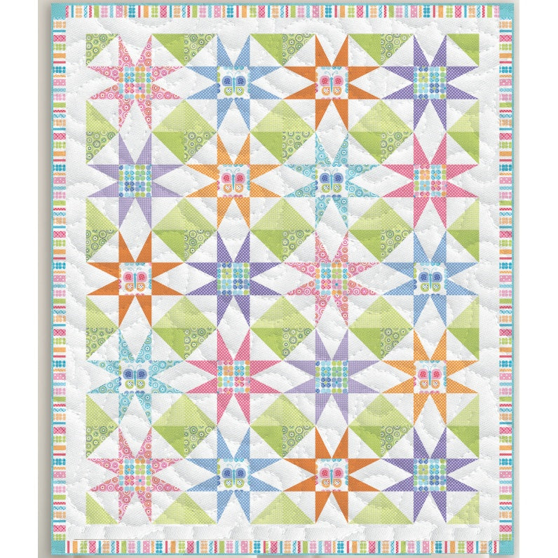 Colorful star pattern quilt with pink, blue, orange, purple, and green fabrics arranged in a repeating geometric design with striped border.