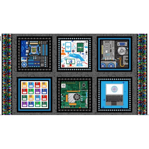 Six computer and technology-themed fabric panels arranged in a grid, featuring circuit boards, laptops, and colorful app icons on a dark background with decorative borders.