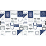 White fabric panel featuring navy blue and gray decorative labels, tags, and text elements in various vintage-inspired designs arranged in a repeating pattern.