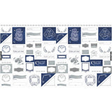 White fabric panel featuring navy blue and gray decorative labels, tags, and text elements in various vintage-inspired designs arranged in a repeating pattern.