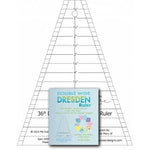 A triangular quilting ruler with measurement markings and a blue instruction booklet for making Dresden plate quilt blocks.