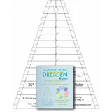 A triangular quilting ruler with measurement markings and a blue instruction booklet for making Dresden plate quilt blocks.