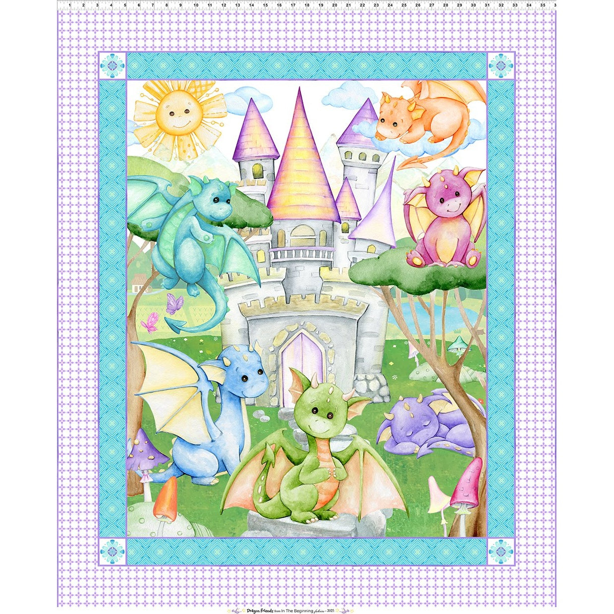 Colorful fabric panel featuring cute cartoon dragons around a fairy tale castle with purple grid border and teal frame.