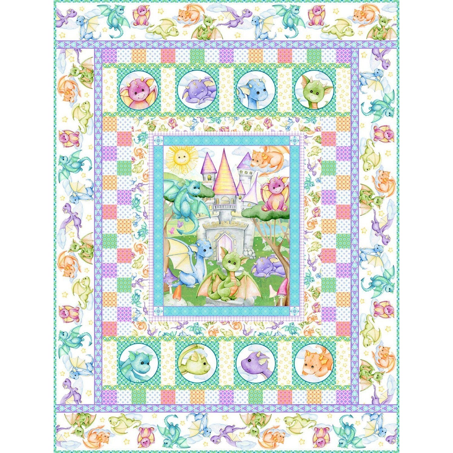 A colorful baby quilt featuring cute cartoon dragons in pastel colors with a castle scene in the center and dragon motifs in circular frames around the border.