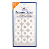 White cotton thread on 12 prewound bobbins in clear plastic packaging, YLI Dream Seam Class 15, 50 weight, 80 yards each