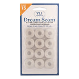 Twelve prewound bobbins of light gray Dream Seam thread in clear plastic packaging, Class 15 extra-long staple cotton