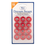 Twelve red thread bobbins in clear plastic packaging labeled YLI Dream Seam Class 15, 50 weight 2-ply cotton thread