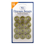 Twelve olive green thread bobbins in clear plastic packaging, YLI Dream Seam cotton, Class 15, 50 weight, 80 yards each