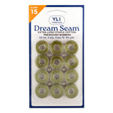 Twelve olive green thread bobbins in clear plastic packaging, YLI Dream Seam cotton, Class 15, 50 weight, 80 yards each