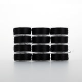 Twelve spools of black Dream Seam thread stacked in four rows of three, showing clear plastic bobbins with wound thread