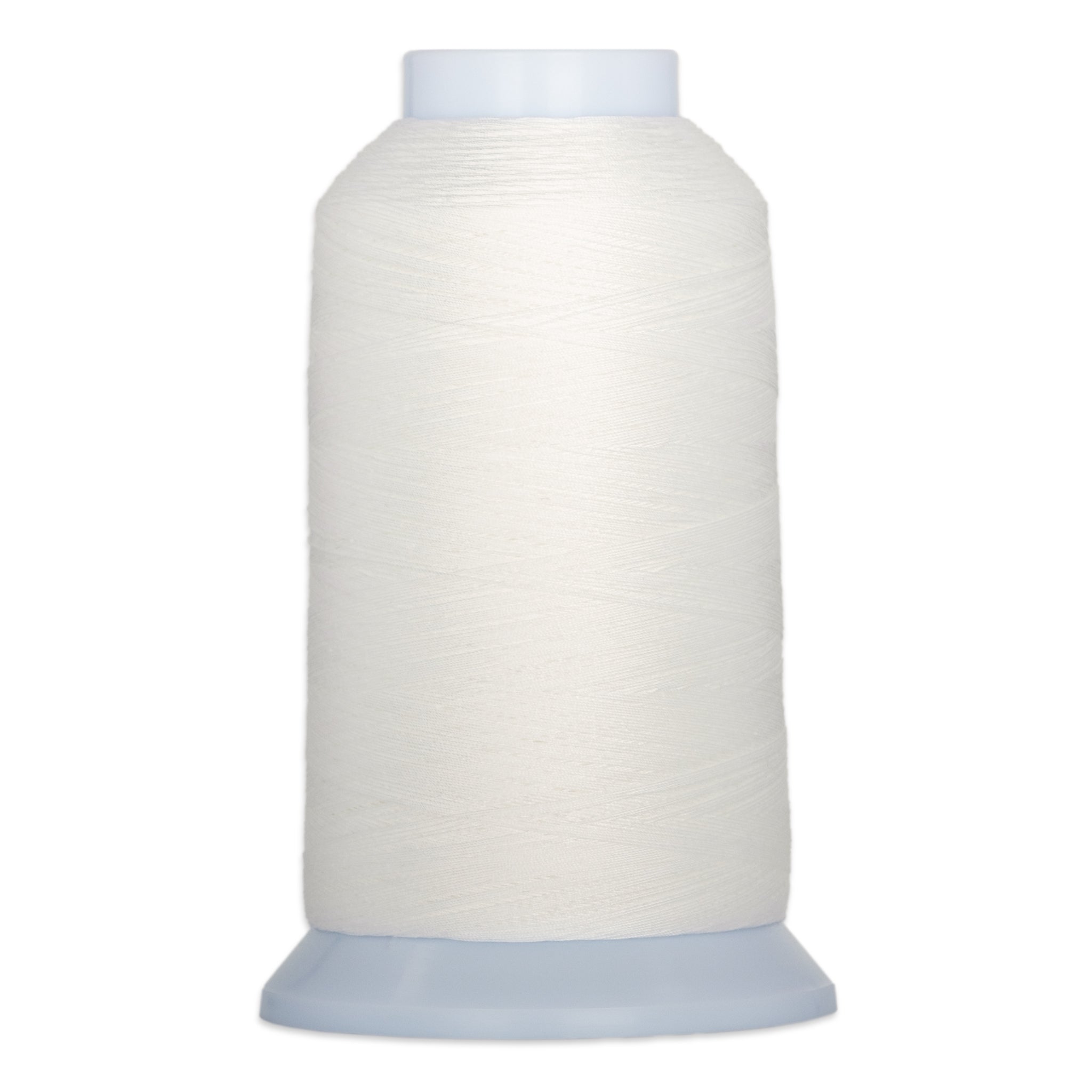 White thread wound on cone spool with light blue plastic top and base