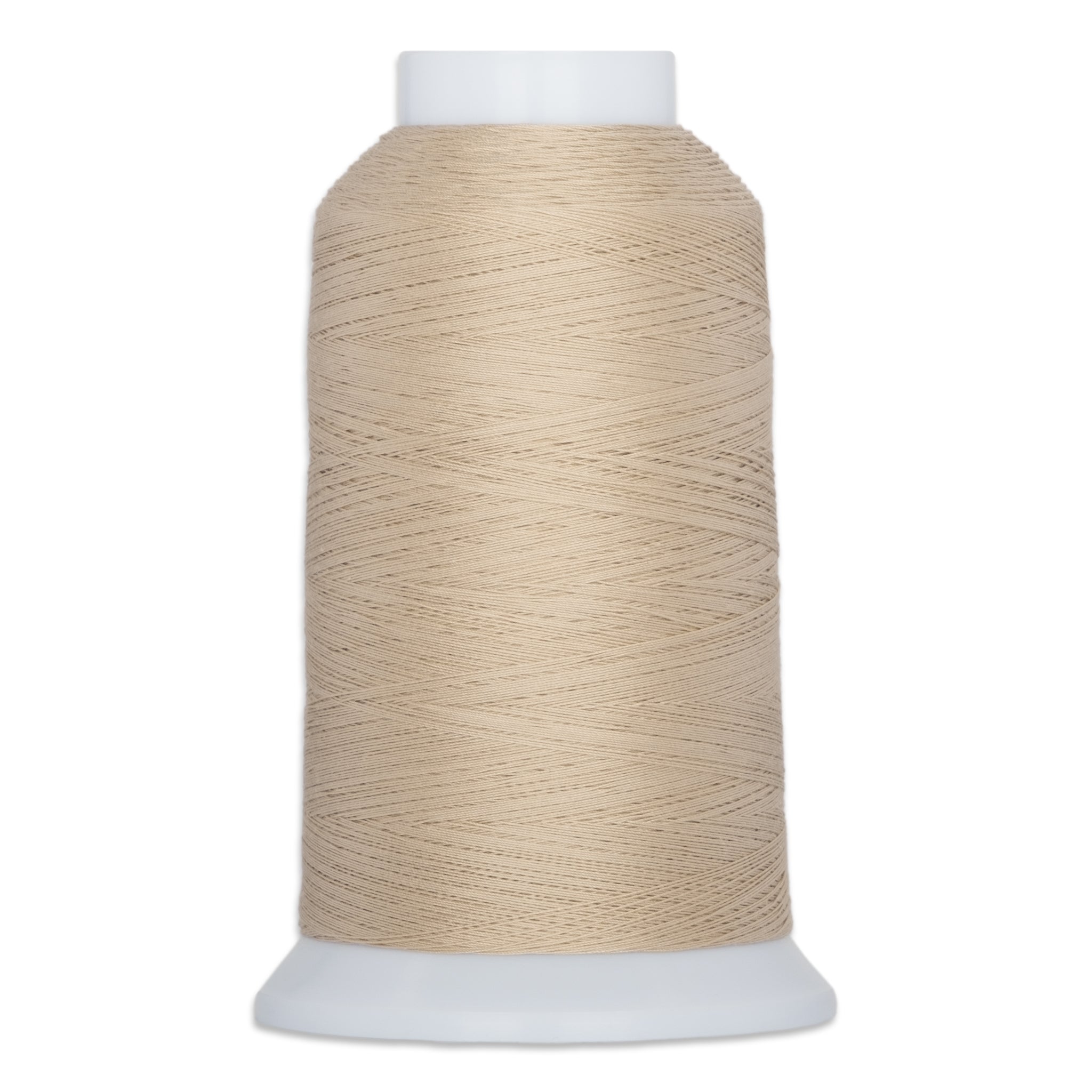 Beige thread wound on white plastic cone with tapered shape and flat base