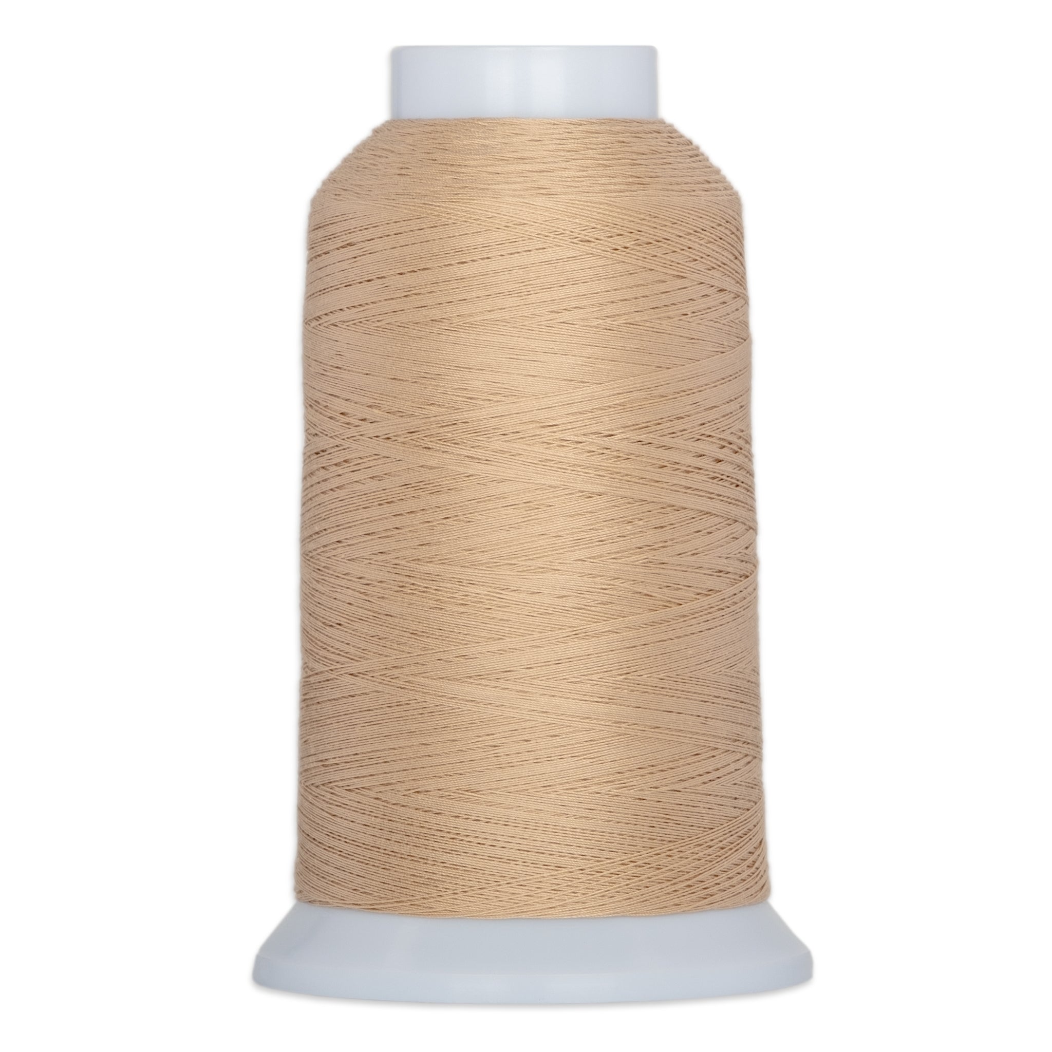 Beige thread wound on white plastic cone with tapered shape and wide base