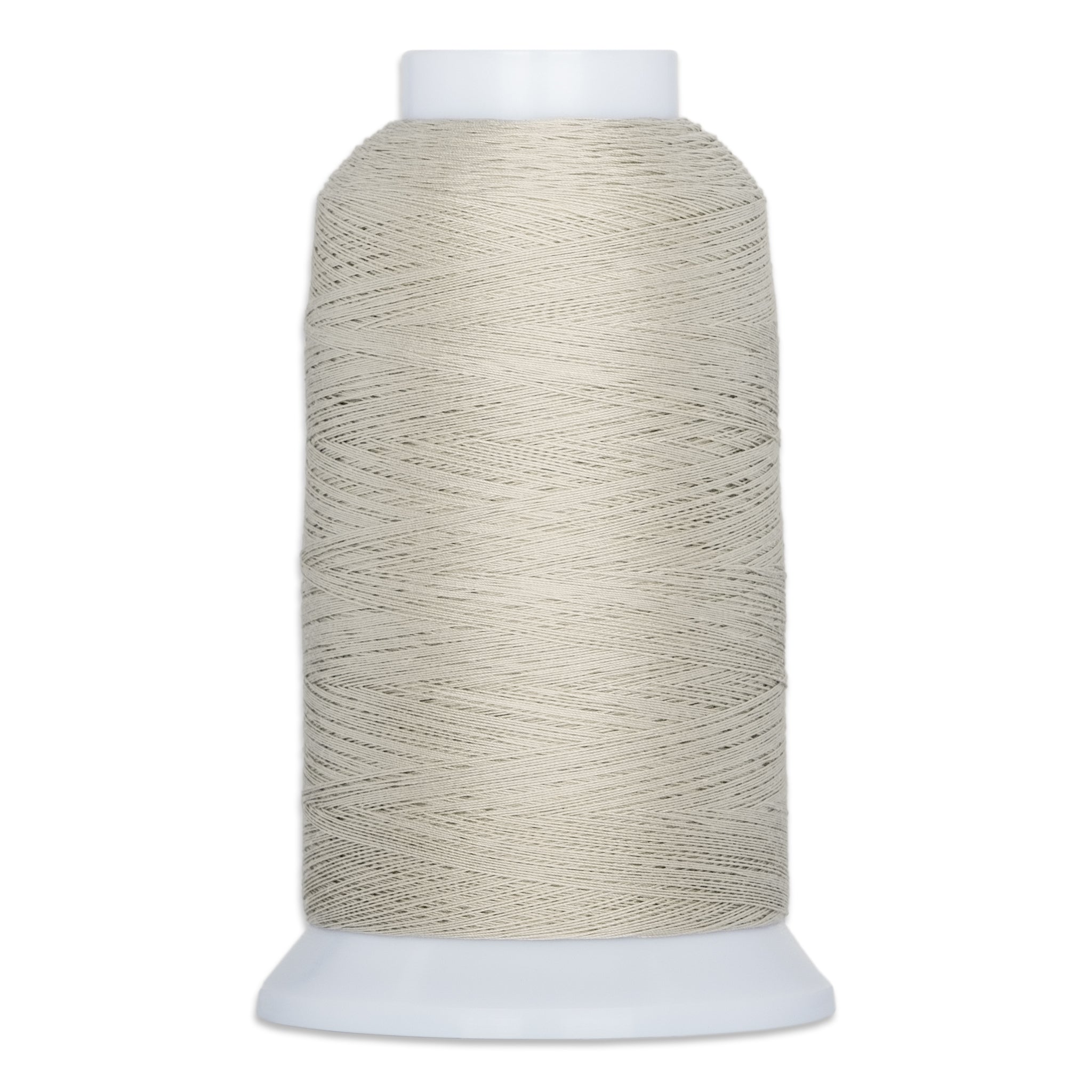 Light gray thread wound on white plastic cone spool