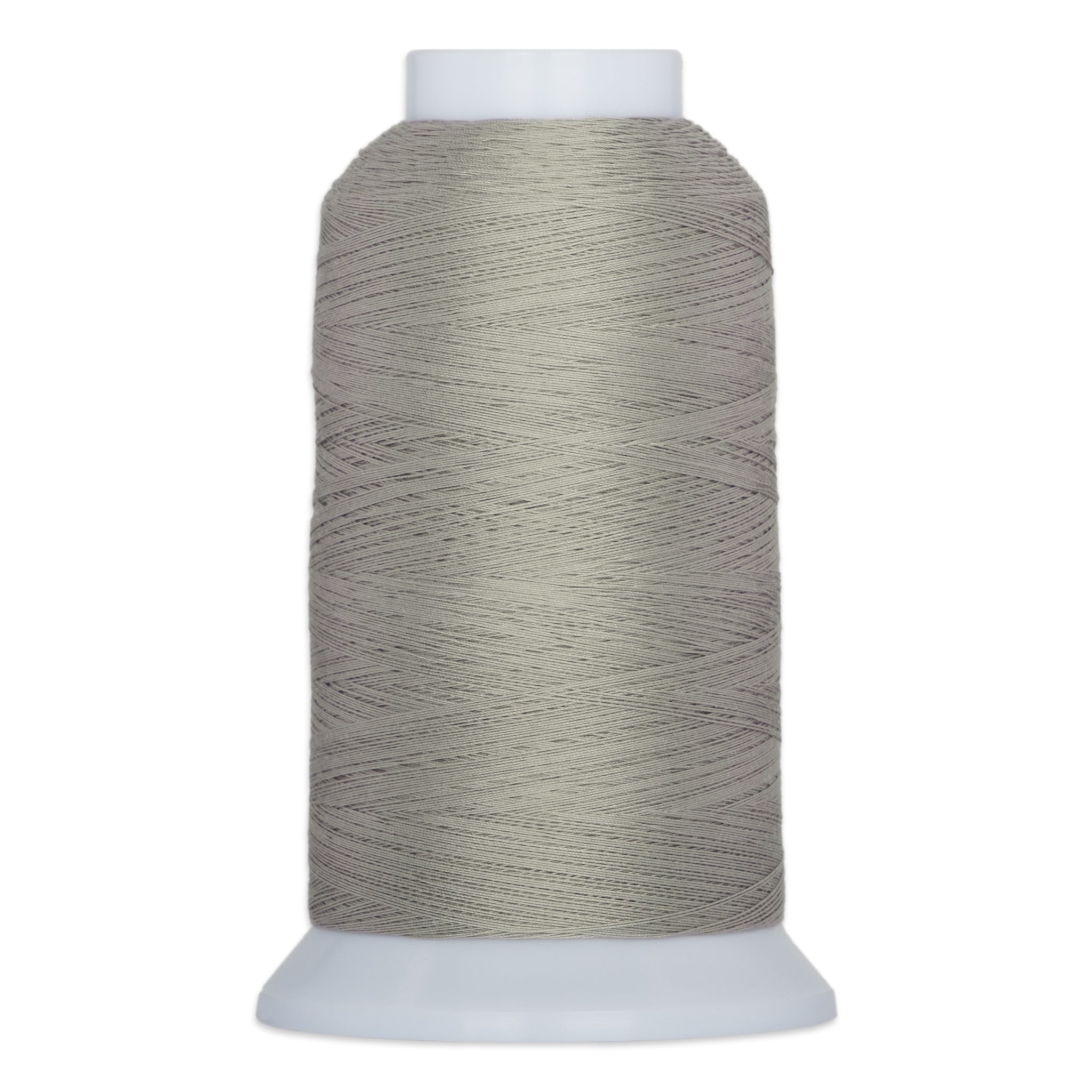 Gray 50 weight thread wound on white plastic cone spool