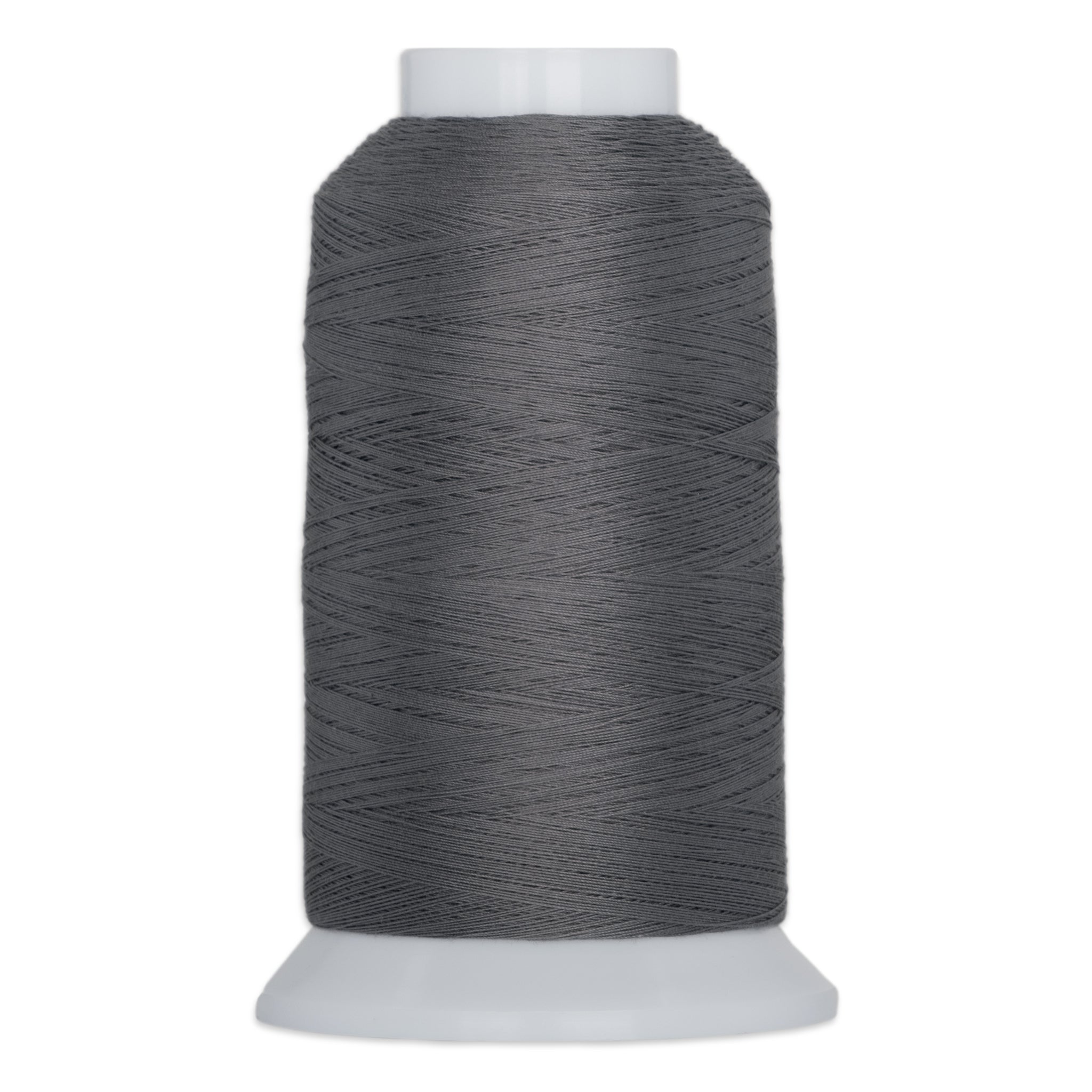 Dark gray thread wound on white plastic cone spool with neat, even thread wrapping