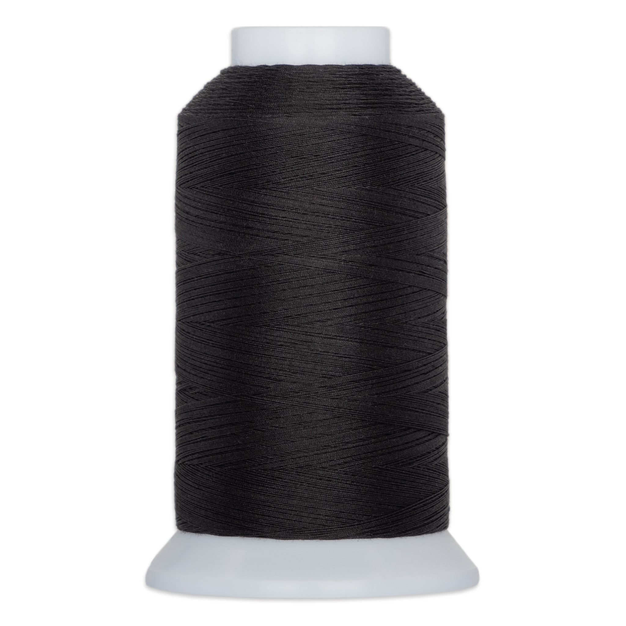 Black thread wound on white plastic cone with wide base and narrow top