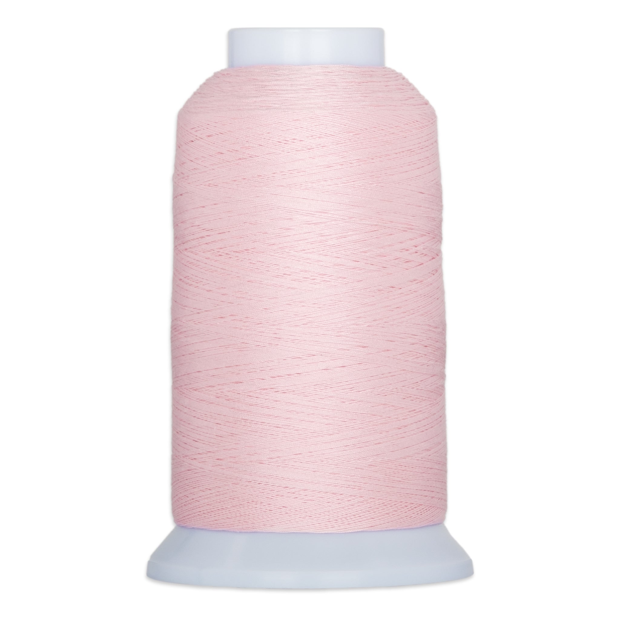 Pink thread wound on white plastic cone with tapered ends