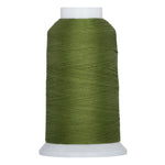 Olive green thread wound on white plastic cone spool with clean, uniform wrapping