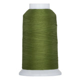 Olive green thread wound on white plastic cone spool with clean, uniform wrapping