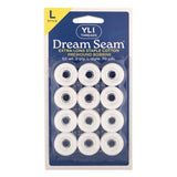 White cotton thread on white bobbins in blue retail packaging, 12 prewound bobbins visible through clear plastic